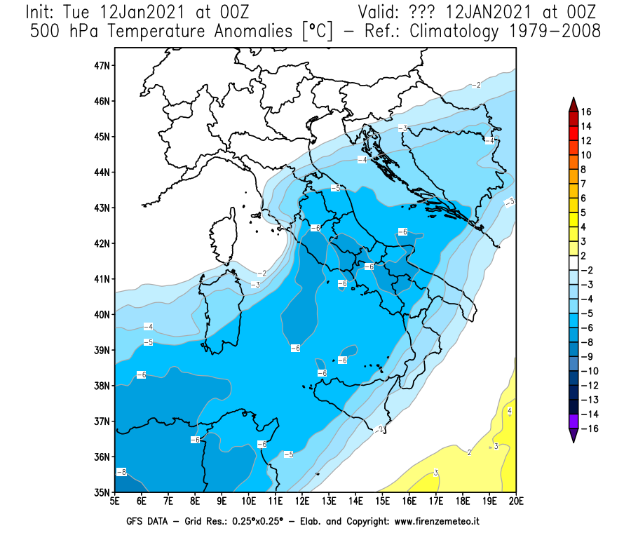 Mappa di analisi GFS - Anomalia Temperatura [°C] a 500 hPa in Italia
									del 12/01/2021 00 <!--googleoff: index-->UTC<!--googleon: index-->