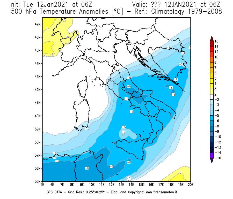 Mappa di analisi GFS - Anomalia Temperatura [°C] a 500 hPa in Italia
									del 12/01/2021 06 <!--googleoff: index-->UTC<!--googleon: index-->