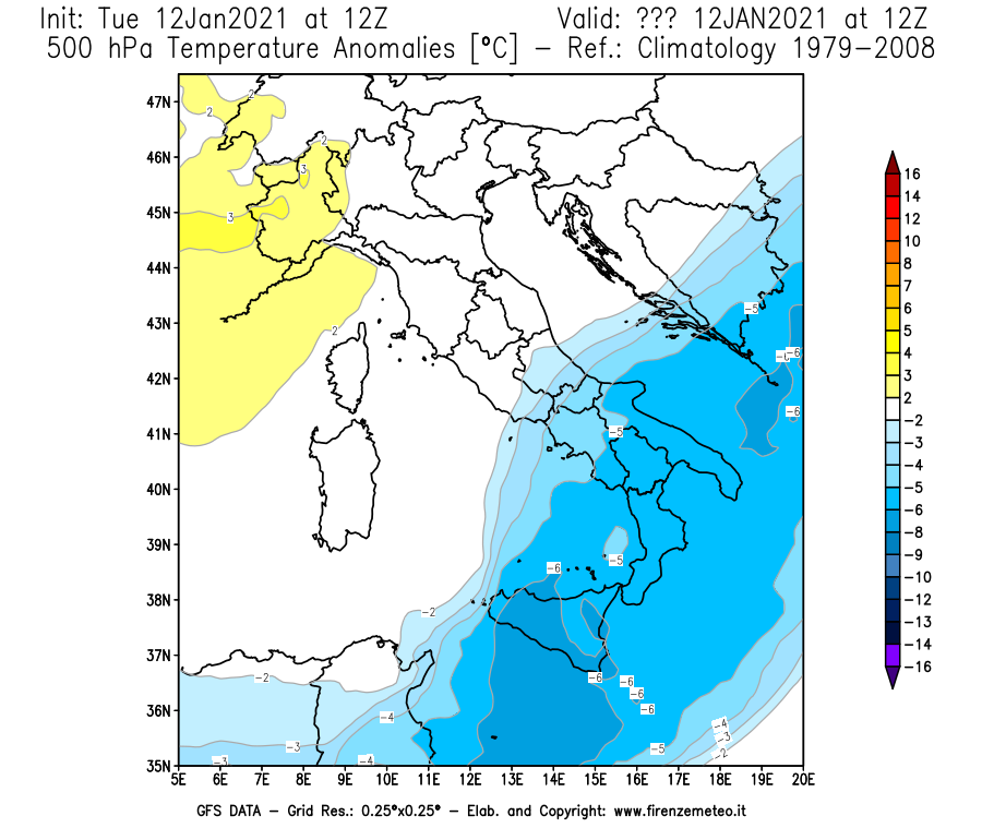 Mappa di analisi GFS - Anomalia Temperatura [°C] a 500 hPa in Italia
									del 12/01/2021 12 <!--googleoff: index-->UTC<!--googleon: index-->