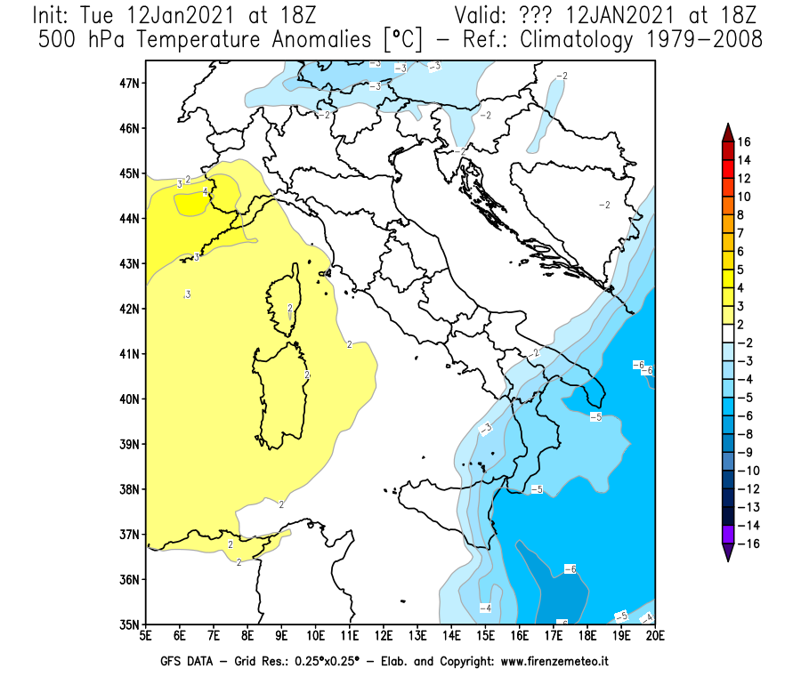 Mappa di analisi GFS - Anomalia Temperatura [°C] a 500 hPa in Italia
									del 12/01/2021 18 <!--googleoff: index-->UTC<!--googleon: index-->