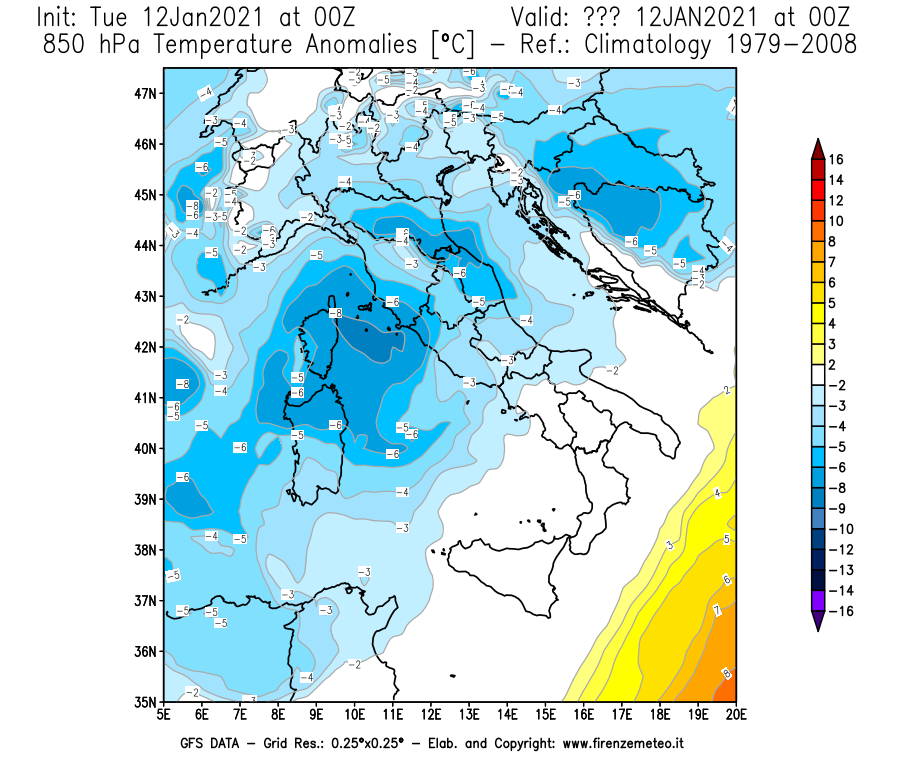 Mappa di analisi GFS - Anomalia Temperatura [°C] a 850 hPa in Italia
									del 12/01/2021 00 <!--googleoff: index-->UTC<!--googleon: index-->