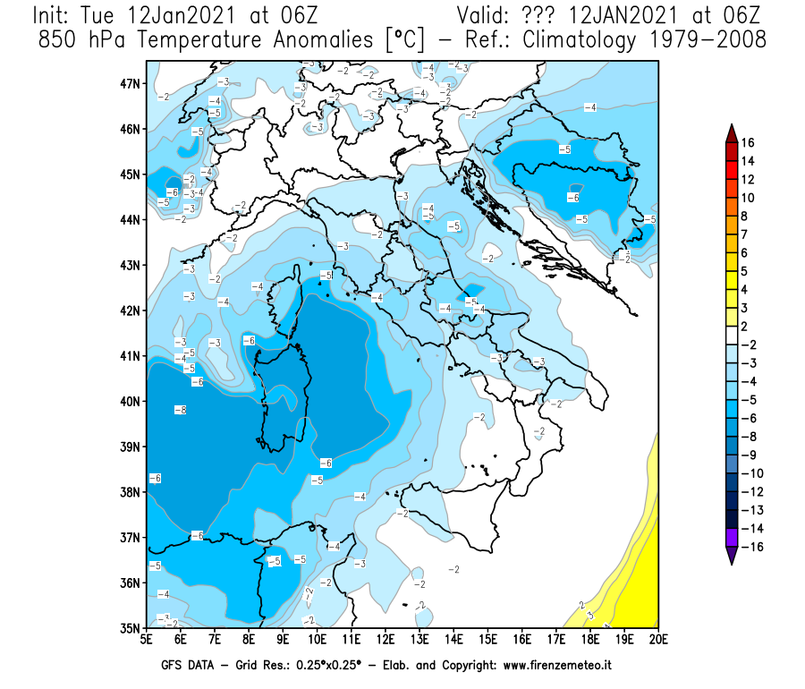 Mappa di analisi GFS - Anomalia Temperatura [°C] a 850 hPa in Italia
							del 12/01/2021 06 <!--googleoff: index-->UTC<!--googleon: index-->