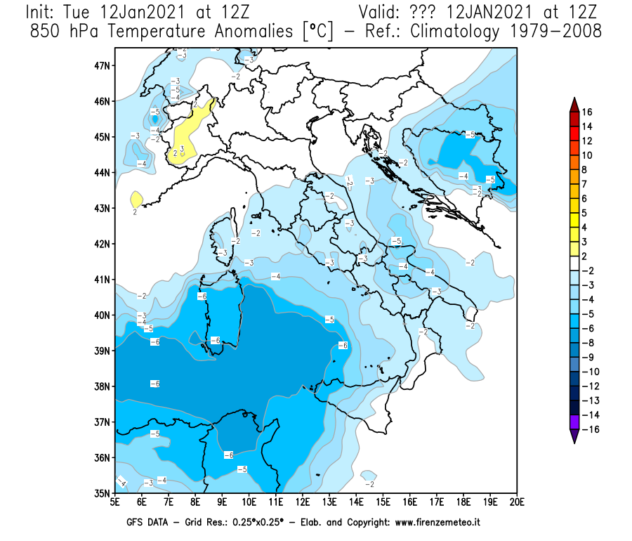 Mappa di analisi GFS - Anomalia Temperatura [°C] a 850 hPa in Italia
							del 12/01/2021 12 <!--googleoff: index-->UTC<!--googleon: index-->
