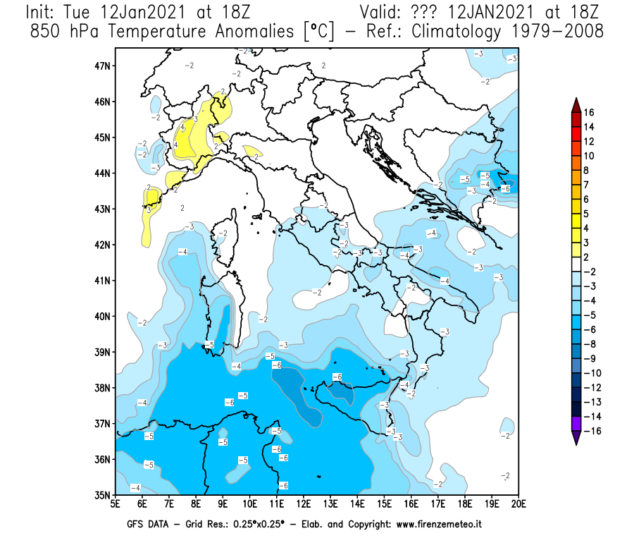 Mappa di analisi GFS - Anomalia Temperatura [°C] a 850 hPa in Italia
									del 12/01/2021 18 <!--googleoff: index-->UTC<!--googleon: index-->