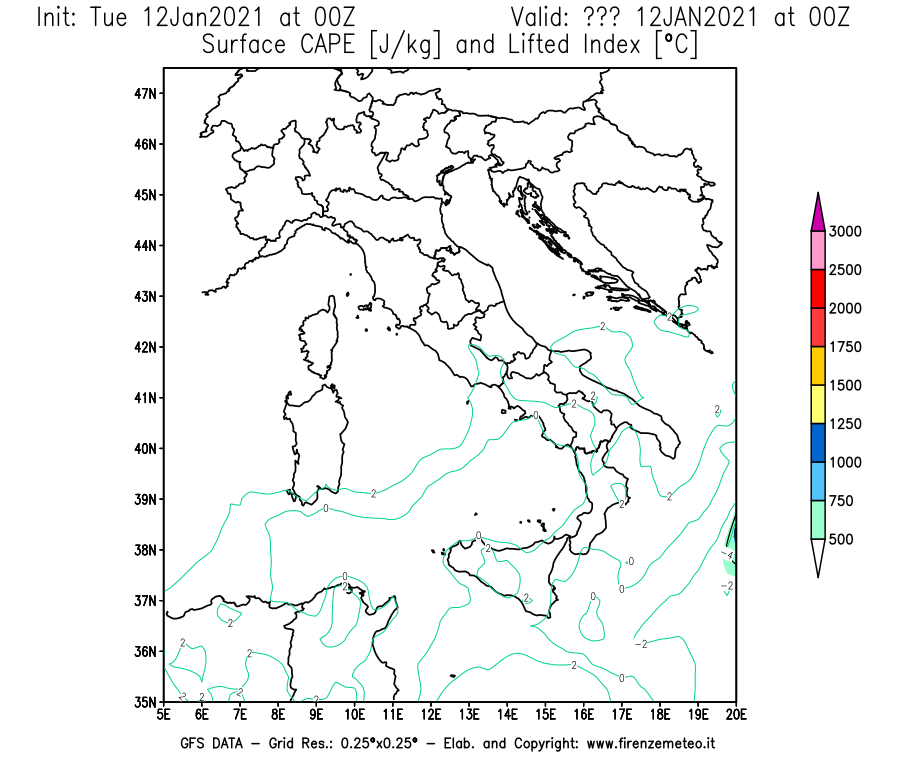 Mappa di analisi GFS - CAPE [J/kg] e Lifted Index [°C] in Italia
									del 12/01/2021 00 <!--googleoff: index-->UTC<!--googleon: index-->