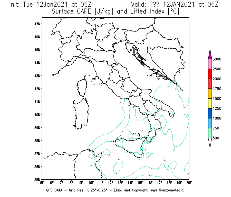 Mappa di analisi GFS - CAPE [J/kg] e Lifted Index [°C] in Italia
							del 12/01/2021 06 <!--googleoff: index-->UTC<!--googleon: index-->