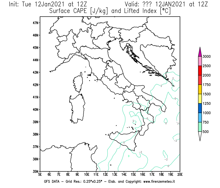 Mappa di analisi GFS - CAPE [J/kg] e Lifted Index [°C] in Italia
									del 12/01/2021 12 <!--googleoff: index-->UTC<!--googleon: index-->