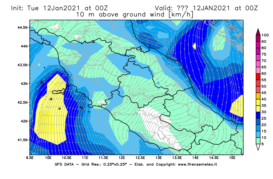 Mappa di analisi GFS - Velocità del vento a 10 metri dal suolo [km/h] in Centro-Italia
									del 12/01/2021 00 <!--googleoff: index-->UTC<!--googleon: index-->