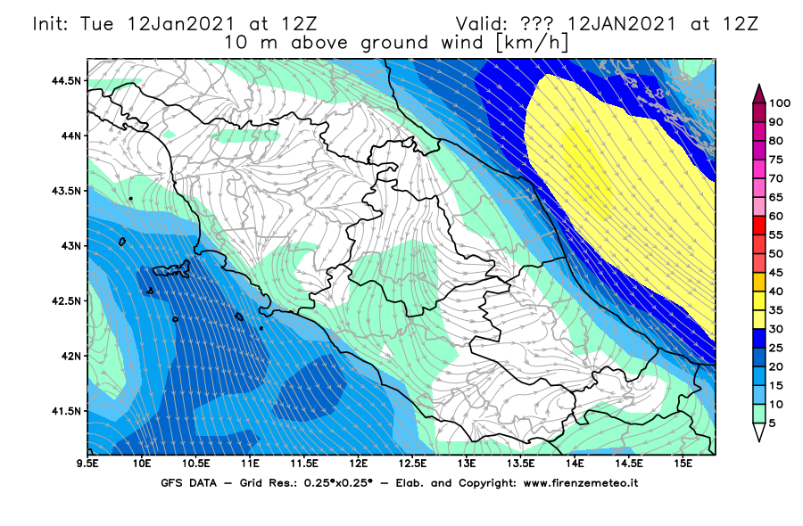 Mappa di analisi GFS - Velocità del vento a 10 metri dal suolo [km/h] in Centro-Italia
							del 12/01/2021 12 <!--googleoff: index-->UTC<!--googleon: index-->