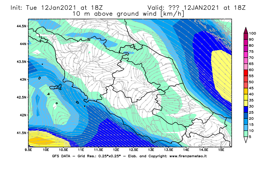 Mappa di analisi GFS - Velocità del vento a 10 metri dal suolo [km/h] in Centro-Italia
							del 12/01/2021 18 <!--googleoff: index-->UTC<!--googleon: index-->