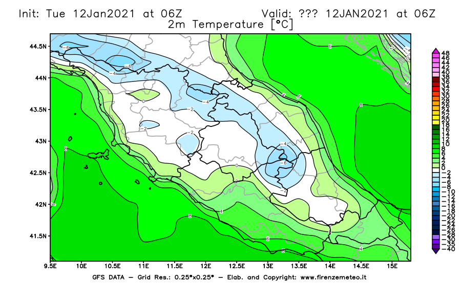 Mappa di analisi GFS - Temperatura a 2 metri dal suolo [°C] in Centro-Italia
							del 12/01/2021 06 <!--googleoff: index-->UTC<!--googleon: index-->