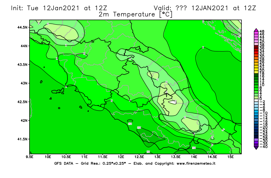 Mappa di analisi GFS - Temperatura a 2 metri dal suolo [°C] in Centro-Italia
									del 12/01/2021 12 <!--googleoff: index-->UTC<!--googleon: index-->