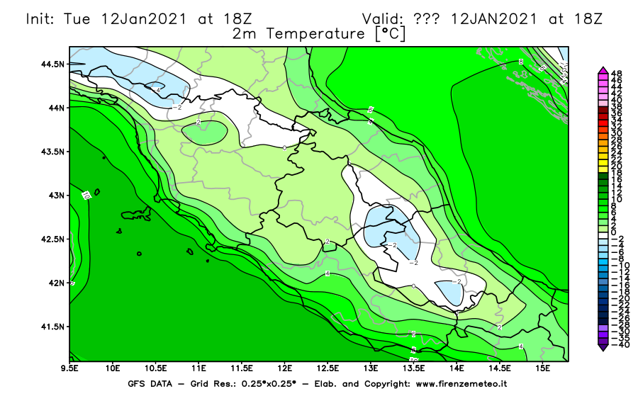 Mappa di analisi GFS - Temperatura a 2 metri dal suolo [°C] in Centro-Italia
							del 12/01/2021 18 <!--googleoff: index-->UTC<!--googleon: index-->