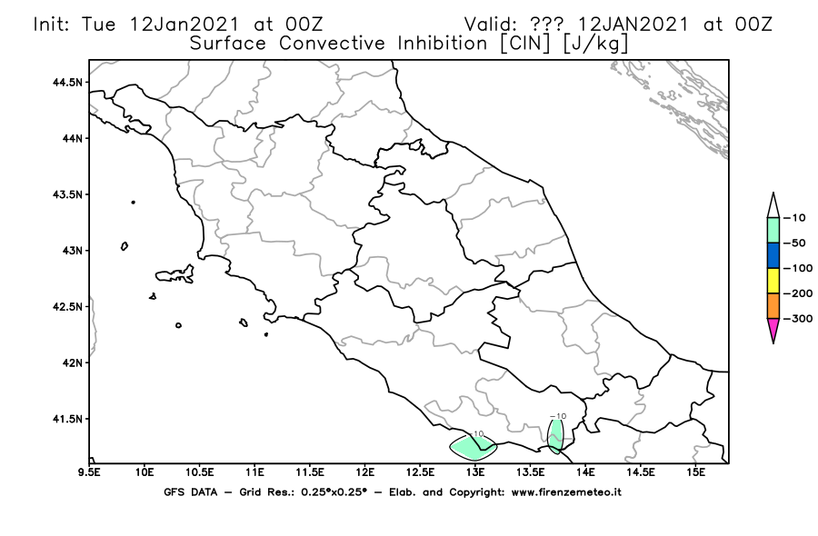 Mappa di analisi GFS - CIN [J/kg] in Centro-Italia
									del 12/01/2021 00 <!--googleoff: index-->UTC<!--googleon: index-->
