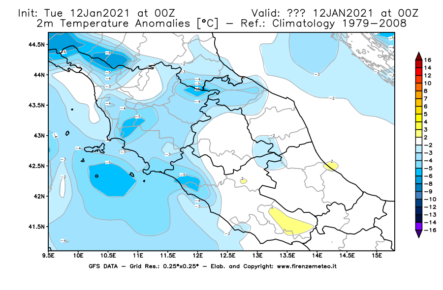 Mappa di analisi GFS - Anomalia Temperatura [°C] a 2 m in Centro-Italia
							del 12/01/2021 00 <!--googleoff: index-->UTC<!--googleon: index-->