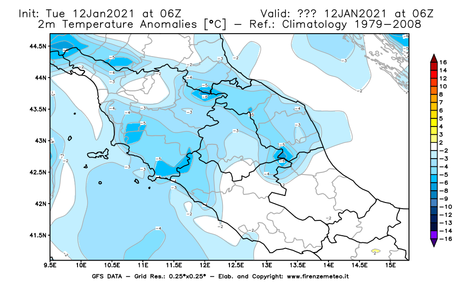 Mappa di analisi GFS - Anomalia Temperatura [°C] a 2 m in Centro-Italia
									del 12/01/2021 06 <!--googleoff: index-->UTC<!--googleon: index-->