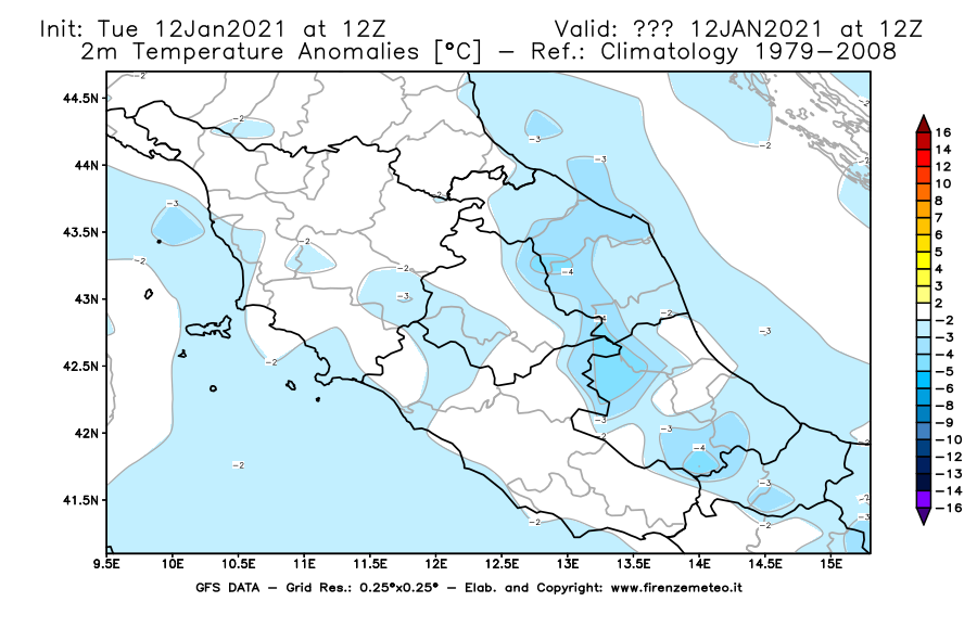 Mappa di analisi GFS - Anomalia Temperatura [°C] a 2 m in Centro-Italia
							del 12/01/2021 12 <!--googleoff: index-->UTC<!--googleon: index-->