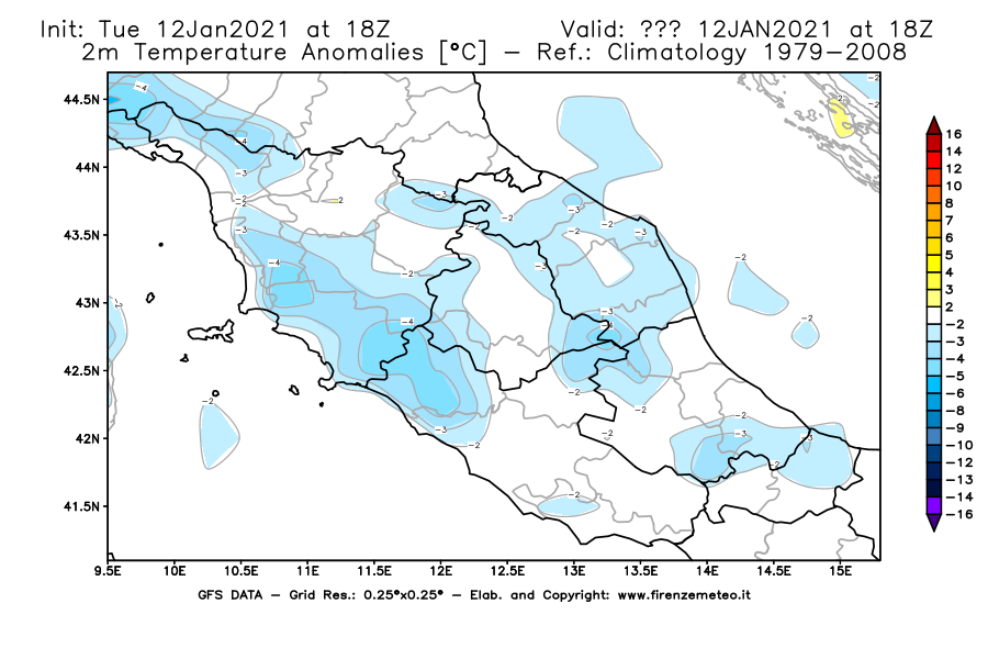 Mappa di analisi GFS - Anomalia Temperatura [°C] a 2 m in Centro-Italia
							del 12/01/2021 18 <!--googleoff: index-->UTC<!--googleon: index-->