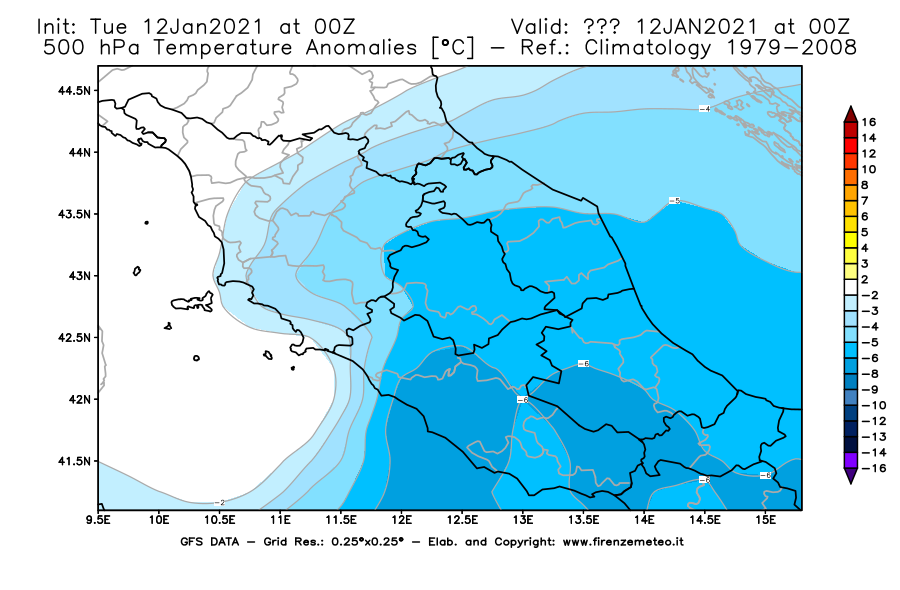 Mappa di analisi GFS - Anomalia Temperatura [°C] a 500 hPa in Centro-Italia
									del 12/01/2021 00 <!--googleoff: index-->UTC<!--googleon: index-->