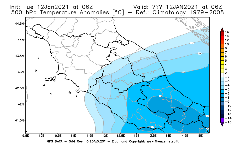 Mappa di analisi GFS - Anomalia Temperatura [°C] a 500 hPa in Centro-Italia
							del 12/01/2021 06 <!--googleoff: index-->UTC<!--googleon: index-->