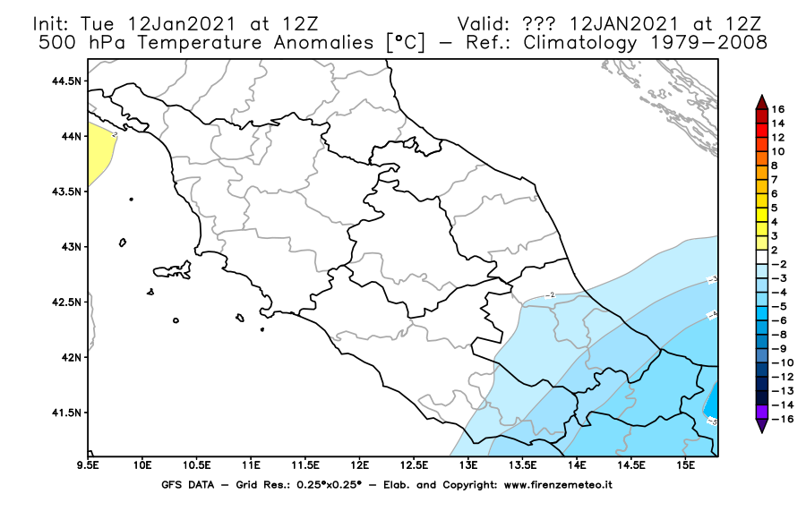 Mappa di analisi GFS - Anomalia Temperatura [°C] a 500 hPa in Centro-Italia
							del 12/01/2021 12 <!--googleoff: index-->UTC<!--googleon: index-->