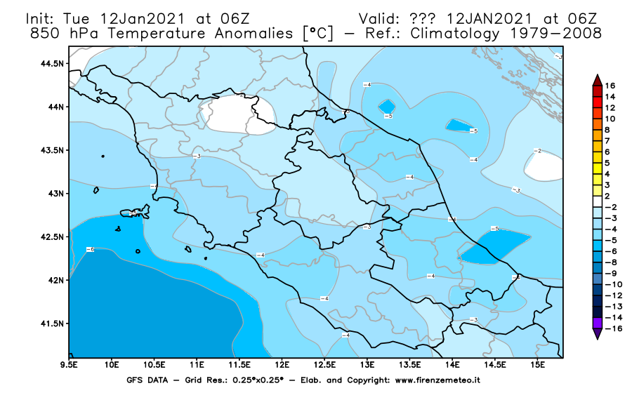 Mappa di analisi GFS - Anomalia Temperatura [°C] a 850 hPa in Centro-Italia
									del 12/01/2021 06 <!--googleoff: index-->UTC<!--googleon: index-->