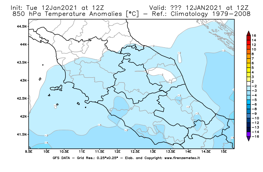 Mappa di analisi GFS - Anomalia Temperatura [°C] a 850 hPa in Centro-Italia
							del 12/01/2021 12 <!--googleoff: index-->UTC<!--googleon: index-->