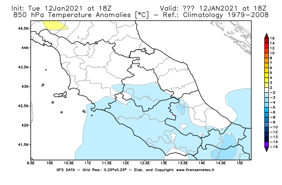 Mappa di analisi GFS - Anomalia Temperatura [°C] a 850 hPa in Centro-Italia
									del 12/01/2021 18 <!--googleoff: index-->UTC<!--googleon: index-->