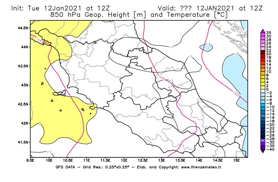 Mappa di analisi GFS - Geopotenziale [m] e Temperatura [°C] a 850 hPa in Centro-Italia
									del 12/01/2021 12 <!--googleoff: index-->UTC<!--googleon: index-->