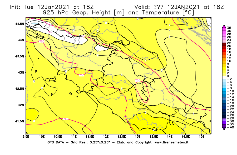 Mappa di analisi GFS - Geopotenziale [m] e Temperatura [°C] a 925 hPa in Centro-Italia
							del 12/01/2021 18 <!--googleoff: index-->UTC<!--googleon: index-->