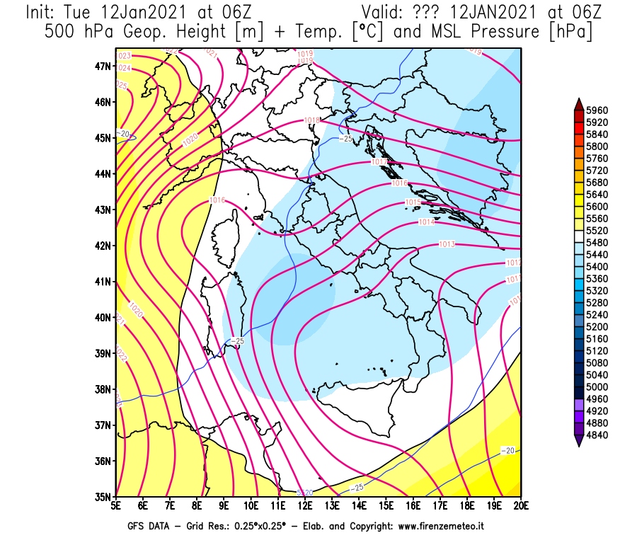 Mappa di analisi GFS - Geopotenziale [m] + Temp. [°C] a 500 hPa + Press. a livello del mare [hPa] in Italia
							del 12/01/2021 06 <!--googleoff: index-->UTC<!--googleon: index-->