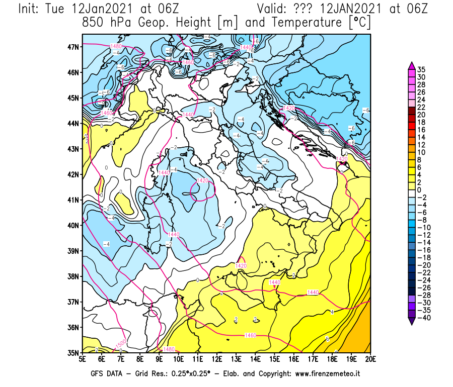 Mappa di analisi GFS - Geopotenziale [m] e Temperatura [°C] a 850 hPa in Italia
									del 12/01/2021 06 <!--googleoff: index-->UTC<!--googleon: index-->