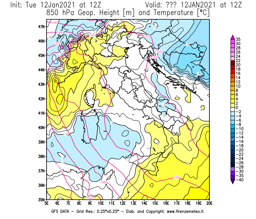 Mappa di analisi GFS - Geopotenziale [m] e Temperatura [°C] a 850 hPa in Italia
									del 12/01/2021 12 <!--googleoff: index-->UTC<!--googleon: index-->