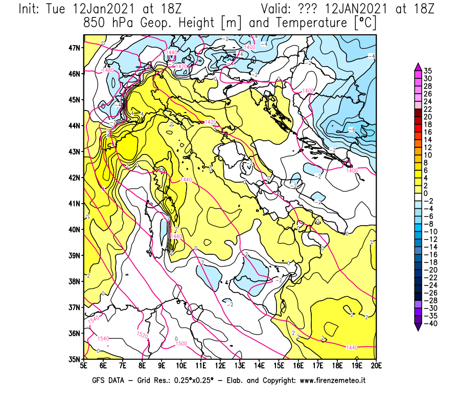Mappa di analisi GFS - Geopotenziale [m] e Temperatura [°C] a 850 hPa in Italia
							del 12/01/2021 18 <!--googleoff: index-->UTC<!--googleon: index-->