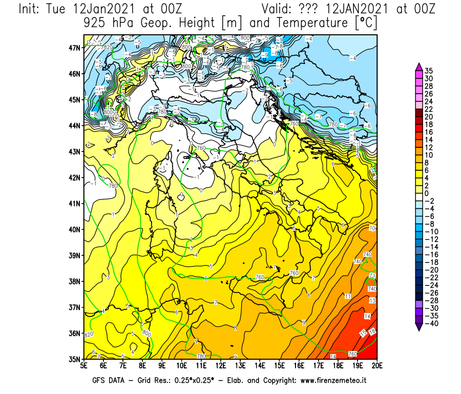 Mappa di analisi GFS - Geopotenziale [m] e Temperatura [°C] a 925 hPa in Italia
									del 12/01/2021 00 <!--googleoff: index-->UTC<!--googleon: index-->