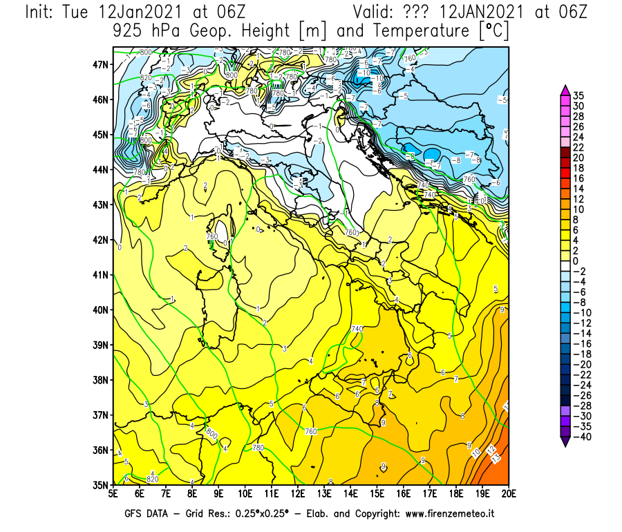 Mappa di analisi GFS - Geopotenziale [m] e Temperatura [°C] a 925 hPa in Italia
							del 12/01/2021 06 <!--googleoff: index-->UTC<!--googleon: index-->