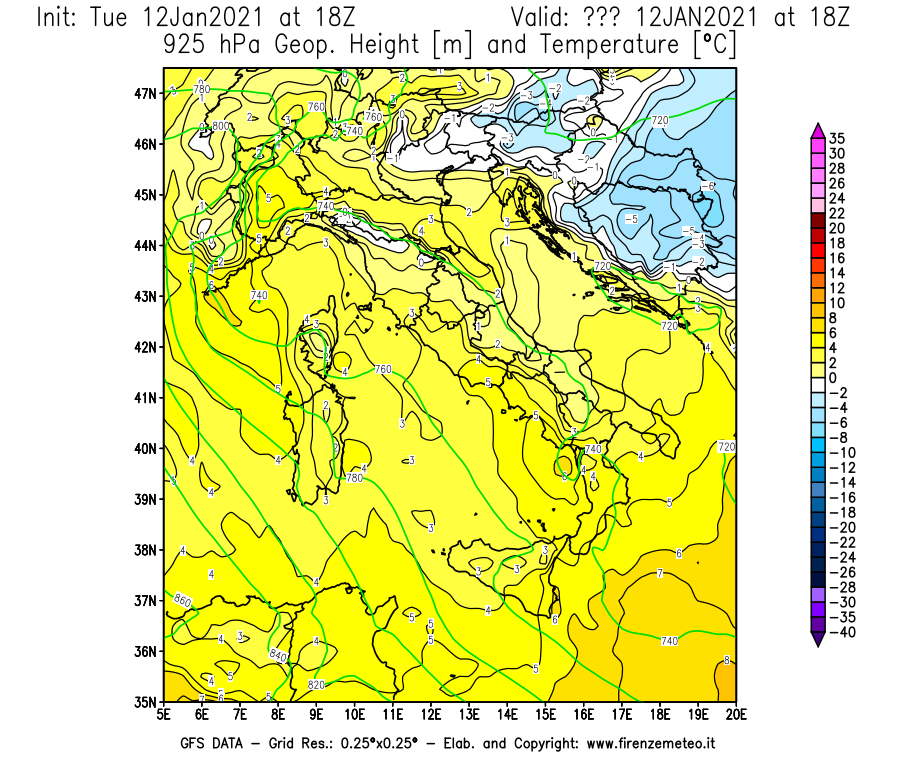 Mappa di analisi GFS - Geopotenziale [m] e Temperatura [°C] a 925 hPa in Italia
									del 12/01/2021 18 <!--googleoff: index-->UTC<!--googleon: index-->
