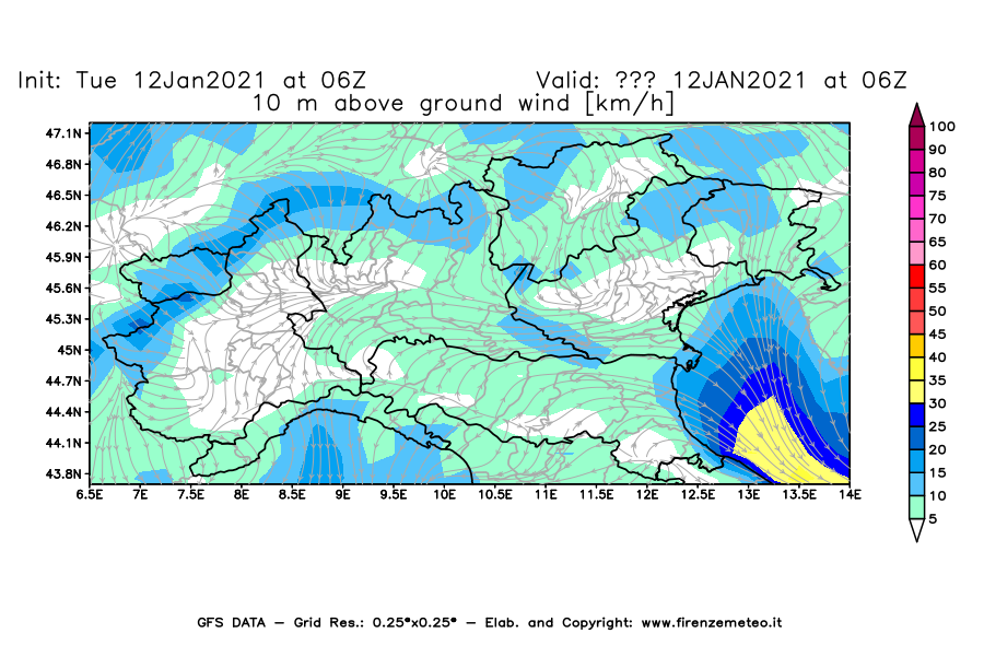 Mappa di analisi GFS - Velocità del vento a 10 metri dal suolo [km/h] in Nord-Italia
									del 12/01/2021 06 <!--googleoff: index-->UTC<!--googleon: index-->