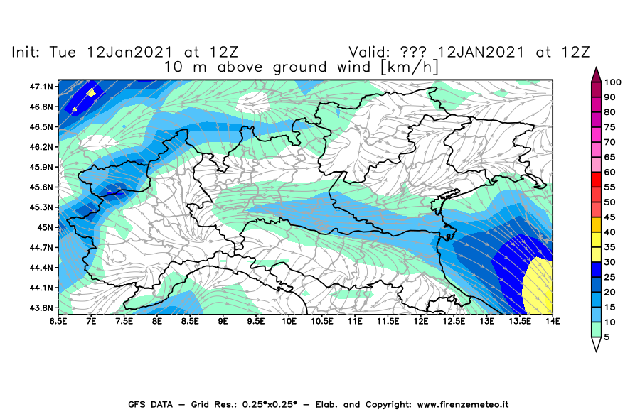 Mappa di analisi GFS - Velocità del vento a 10 metri dal suolo [km/h] in Nord-Italia
							del 12/01/2021 12 <!--googleoff: index-->UTC<!--googleon: index-->