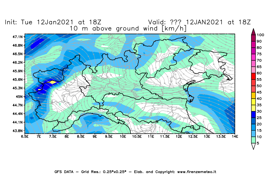 Mappa di analisi GFS - Velocità del vento a 10 metri dal suolo [km/h] in Nord-Italia
									del 12/01/2021 18 <!--googleoff: index-->UTC<!--googleon: index-->