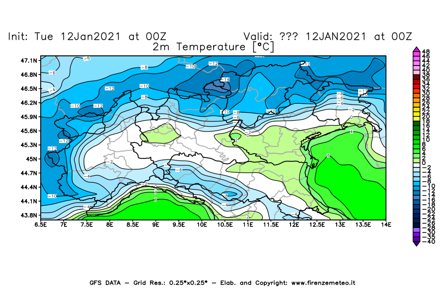 Mappa di analisi GFS - Temperatura a 2 metri dal suolo [°C] in Nord-Italia
							del 12/01/2021 00 <!--googleoff: index-->UTC<!--googleon: index-->