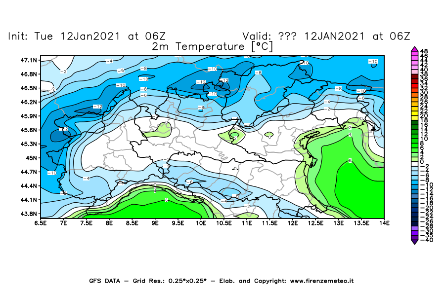 Mappa di analisi GFS - Temperatura a 2 metri dal suolo [°C] in Nord-Italia
									del 12/01/2021 06 <!--googleoff: index-->UTC<!--googleon: index-->