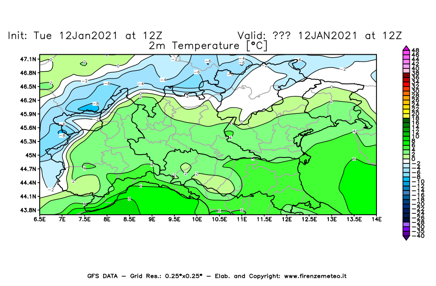 Mappa di analisi GFS - Temperatura a 2 metri dal suolo [°C] in Nord-Italia
									del 12/01/2021 12 <!--googleoff: index-->UTC<!--googleon: index-->