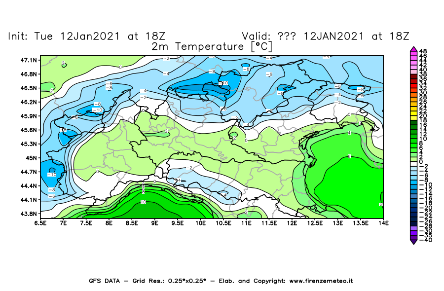 Mappa di analisi GFS - Temperatura a 2 metri dal suolo [°C] in Nord-Italia
									del 12/01/2021 18 <!--googleoff: index-->UTC<!--googleon: index-->