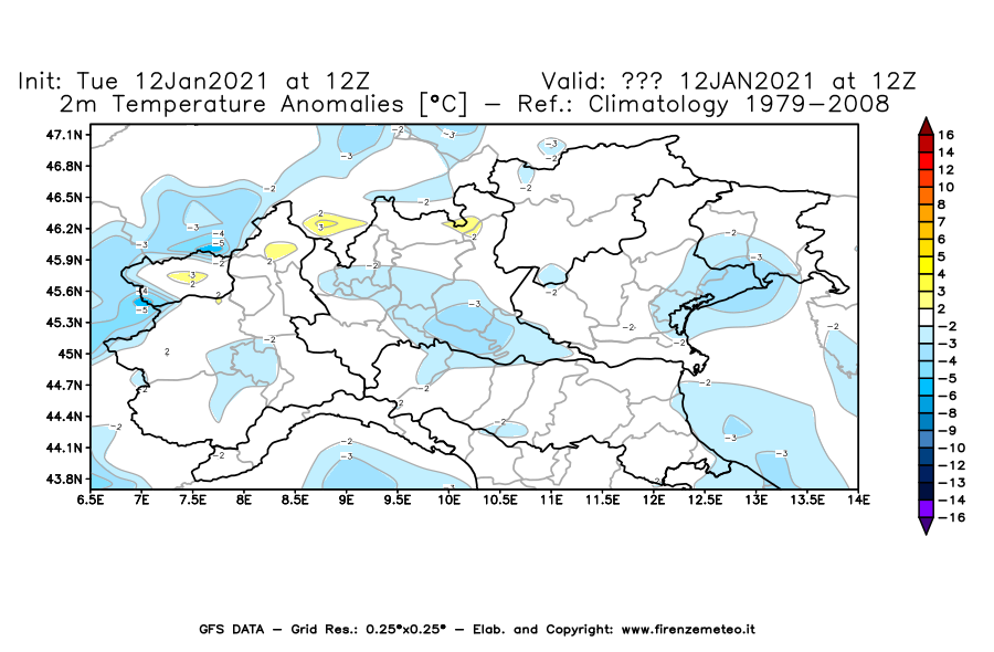 Mappa di analisi GFS - Anomalia Temperatura [°C] a 2 m in Nord-Italia
									del 12/01/2021 12 <!--googleoff: index-->UTC<!--googleon: index-->