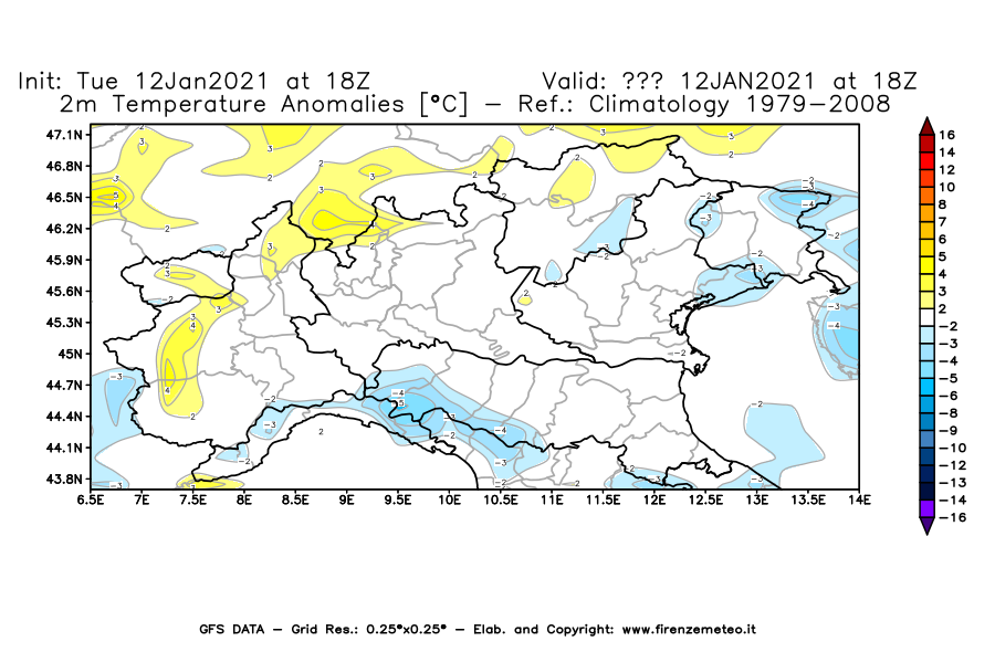 Mappa di analisi GFS - Anomalia Temperatura [°C] a 2 m in Nord-Italia
							del 12/01/2021 18 <!--googleoff: index-->UTC<!--googleon: index-->