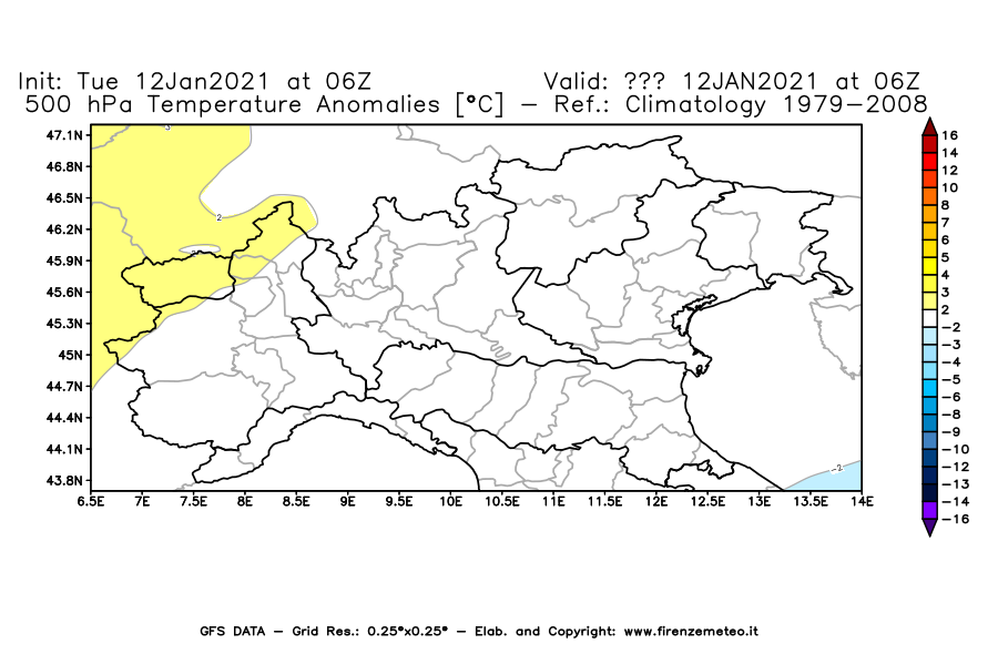 Mappa di analisi GFS - Anomalia Temperatura [°C] a 500 hPa in Nord-Italia
							del 12/01/2021 06 <!--googleoff: index-->UTC<!--googleon: index-->