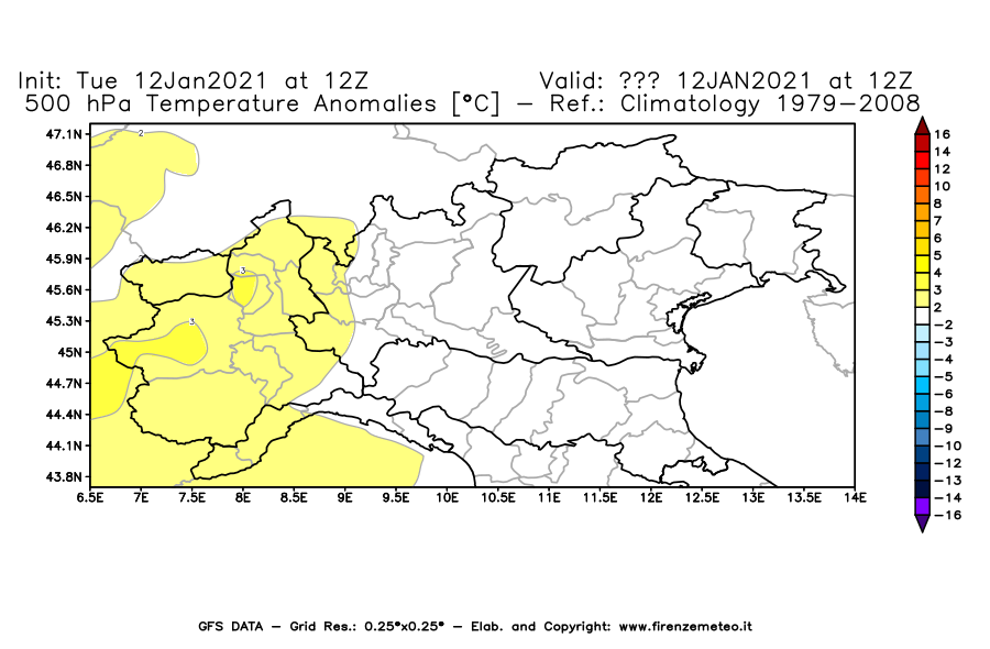 Mappa di analisi GFS - Anomalia Temperatura [°C] a 500 hPa in Nord-Italia
							del 12/01/2021 12 <!--googleoff: index-->UTC<!--googleon: index-->