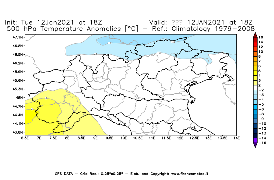 Mappa di analisi GFS - Anomalia Temperatura [°C] a 500 hPa in Nord-Italia
							del 12/01/2021 18 <!--googleoff: index-->UTC<!--googleon: index-->