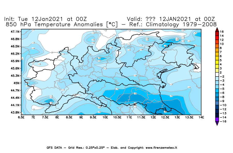 Mappa di analisi GFS - Anomalia Temperatura [°C] a 850 hPa in Nord-Italia
									del 12/01/2021 00 <!--googleoff: index-->UTC<!--googleon: index-->